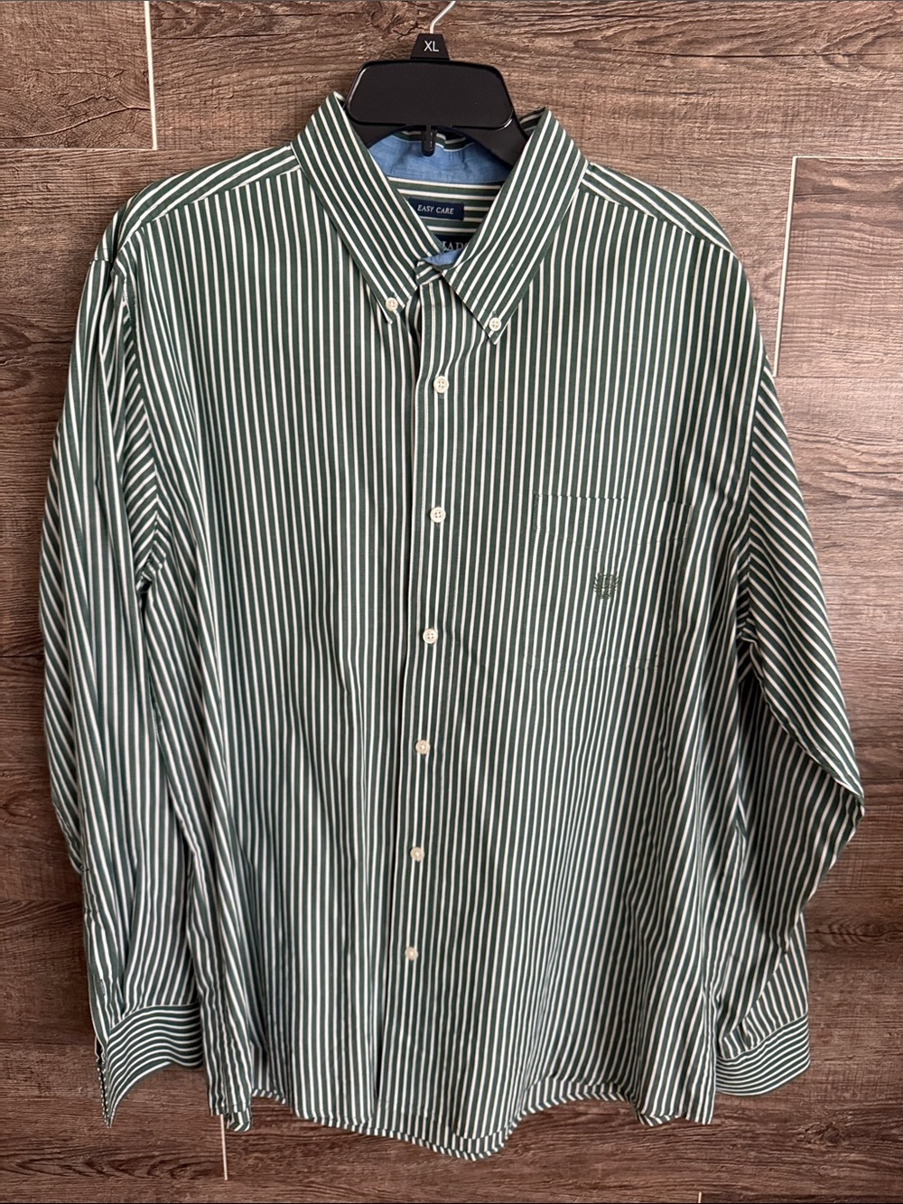 Chaps Green and White Vertical Stripe Button-Down Shirt